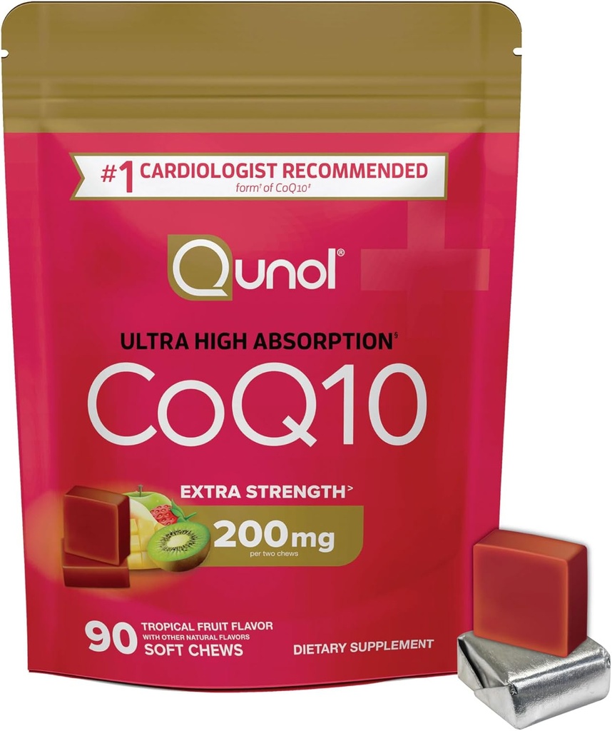 Qunol CoQ10 200mg Soft Chews, Extra Strength & Ultra High Absorption Coenzyme Q10 Suplemento, #1 Cardiologist Recommended Supplement for Heart Health, 90 Count