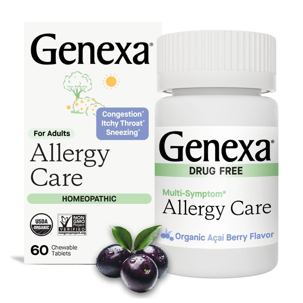 Genexa Allergy Care | Drug Free, Non-Drowsy Allergy & Decongestant Remedy for Adults | Vegan & Non-GMO | Homeopathic Allergy Relief Made Clean | Organic Acai Berry Flavor | 60 Chewable Tablets