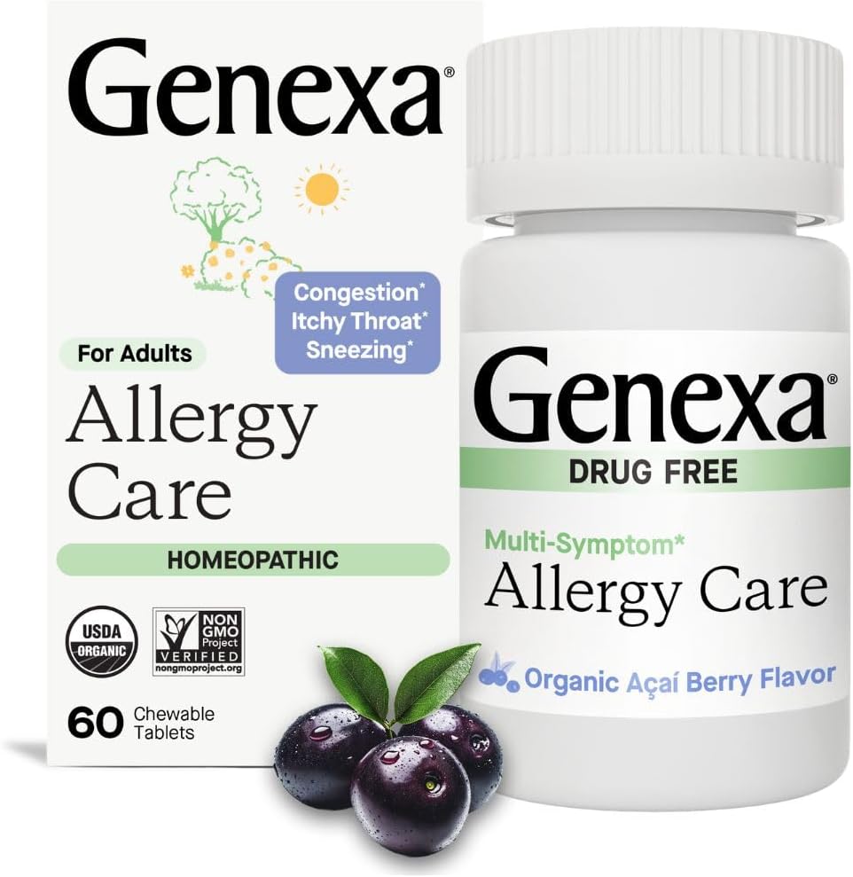 Genexa Allergy Care ¦ Drug Free, Non-Drowsy Allergy & Decongestant Remedy for Adults ← Vegan " Non-GMO TEN Homeopathic Allergy Relief Made Clean ¦ Organic Acai Berry Flavor ← 60 Chewable Tablets