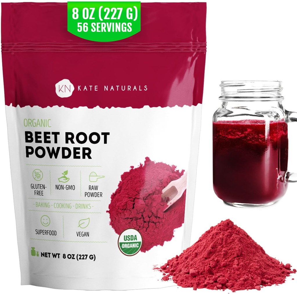 Kate Naturals Orgánica Beet Root Powder para Smoothies, Baking & Juice. Raw Beetroot Superfood & Natural Red Food Coloring (8oz, Non-GMO, Earthy Flavor)