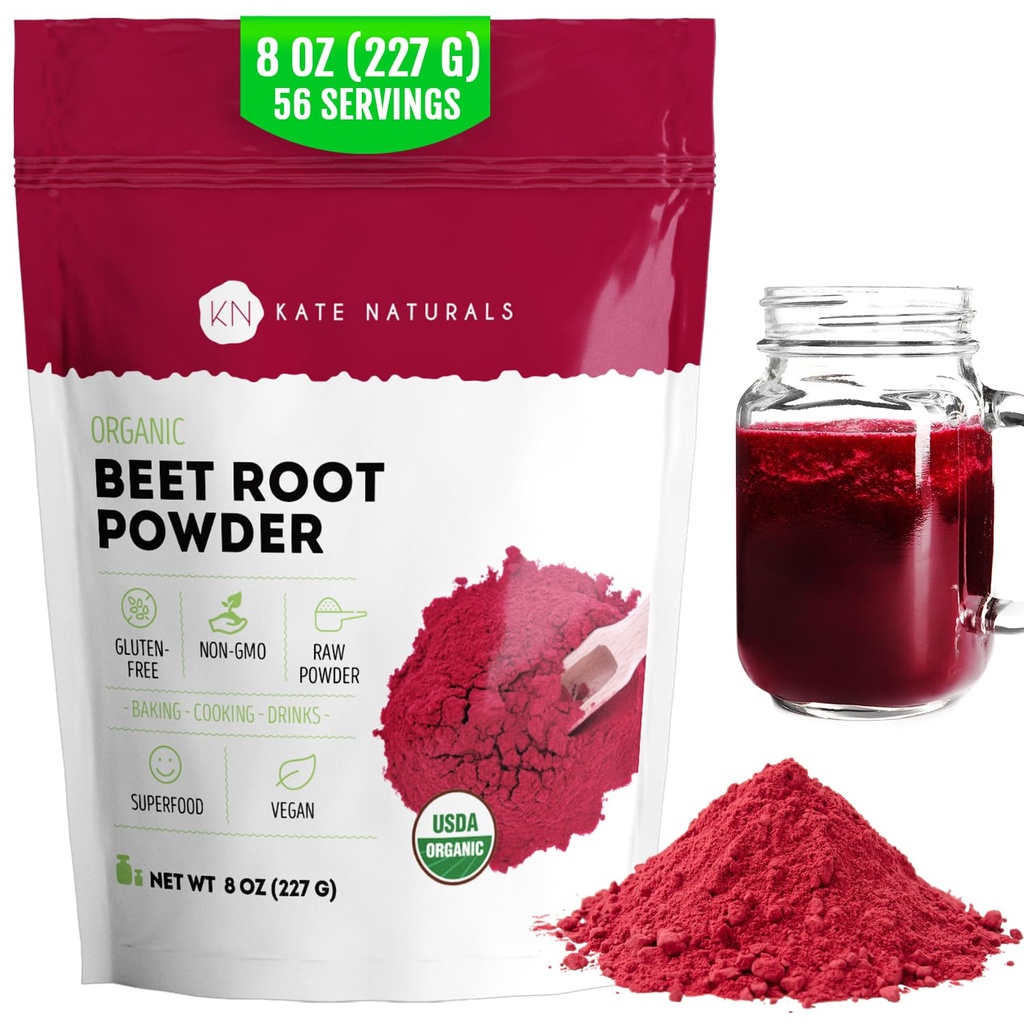 Kate Naturals Orgánica Beet Root Powder para Smoothies, Baking & Juice. Raw Beetroot Superfood & Natural Red Food Coloring (8oz, Non-GMO, Earthy Flavor)