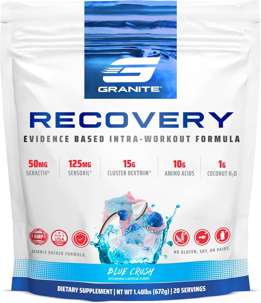 Granito de recuperación intra y suplemento post-entrenamiento, Blue Crush Flavor, con 10g Aminos, Electrolitos, Cluster Dextrin, & Sensoril, soporta recuperación muscular y crecimiento (20 servidumbres)