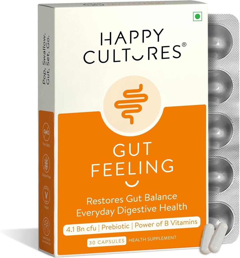 Happy Cultures Gut Feeling Digestion Supplement Unique Blend of Probiotics for Daily Digestive Health B-Vitamins Gut Health Supplement for Bloating, IBS, Digestion Clinically Tested - 30 Veg Capsules
