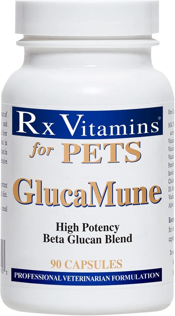 Vitaminas Rx GlucaMune - Perro &amp; Cat Immune Support Suplemento con Beta Glucan - Vitaminas diarias para gatos interiores - Ayuda en línea &amp; Canine Wound Care, Gut Health - 90ct