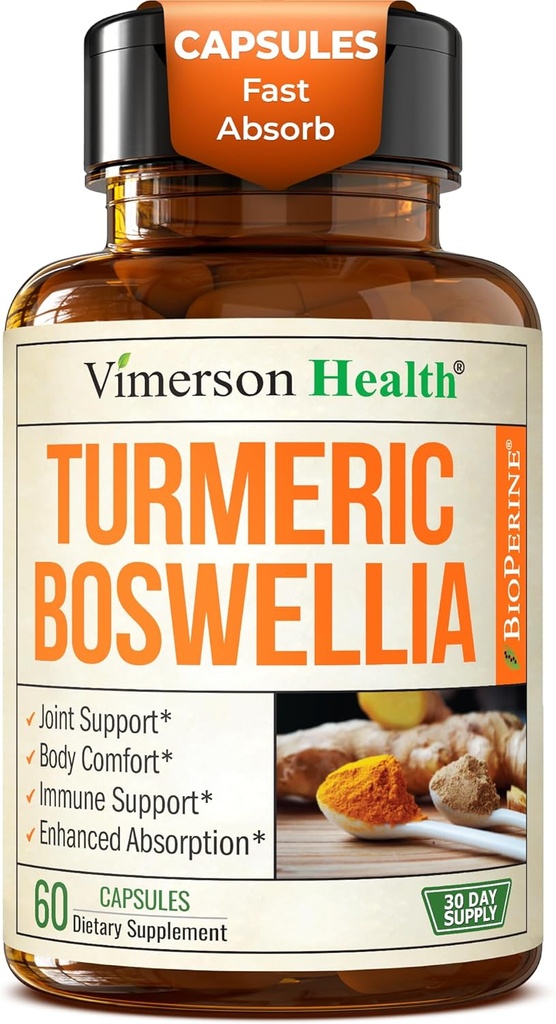 Suplemento Turmérico de Curcumina con Boswellia Serrata, Ginger Root, Organic Turmeric Powder " Black Pepper - 95% Curcuminoids Suplemento Turmérico con Boswellia Extract - 60 Gluten Free Tumeric Capsules