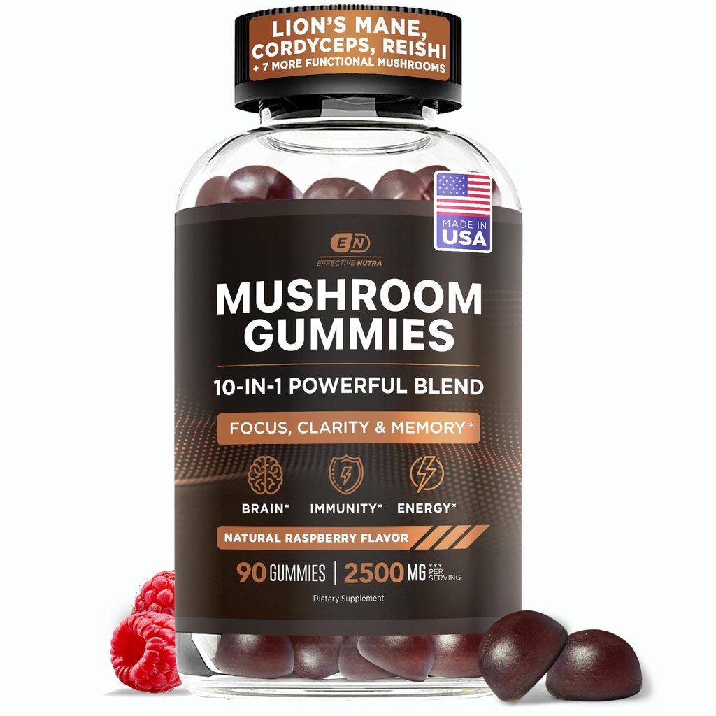Efectiva Nutra Mushroom Gummies 2500mg - 10in1 Lion’s Mane, Reishi, Chaga, Cordyceps &amp; Más - Focus, Clarity, Memory, Immunity, Energy - Natural Raspberry Flavor, Vegan, Made in USA (90 Conde)