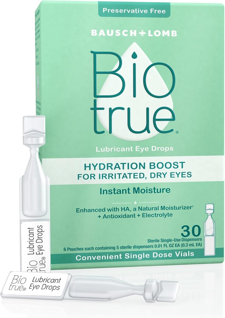 Biotrue Hydration Boost, Preservative-Free Eye Drops for Dry Eyes, Instantly Moisturizes, Rehydrates, Contact Lens Friendly, Refresh & Relieve Eye Irritation, 30 Single-Use Vials (Pack of 1)