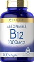 Carlyle Vitamina B12 1000 mcg Absorbable ← 400 Softgels Silencio No GMO y Gluten Suplemento Gratis