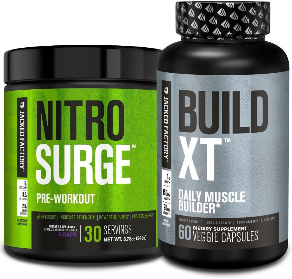 Jacked Factory Nitrosurge Pre-Workout en Grape & Build XT Muscle Building Bundle for Men &amp; Women