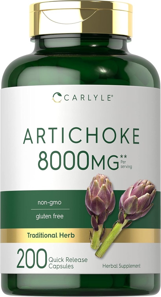 Carlyle Artichoke Extracto Capsules 8000mg Silencio 200 Cuenta Silencioso No GMO, Gluten Suplemento Gratis