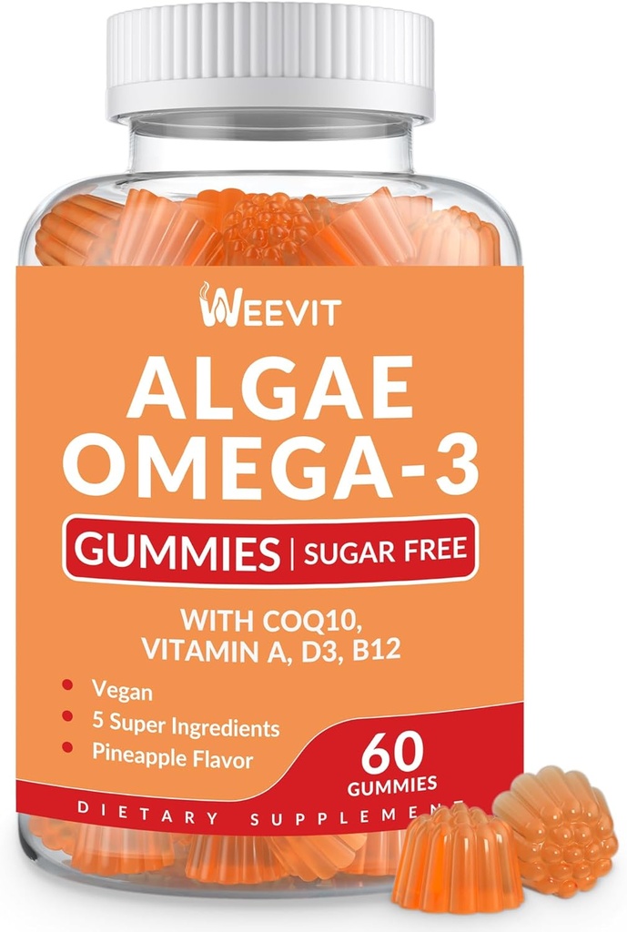 Sugar Free Omega 3 Gummies, Algae Omega 3 Suplemento para adultos,Omega 3 DHA 240mg, EPA 110mg w/Vitamin B12,CoQ10