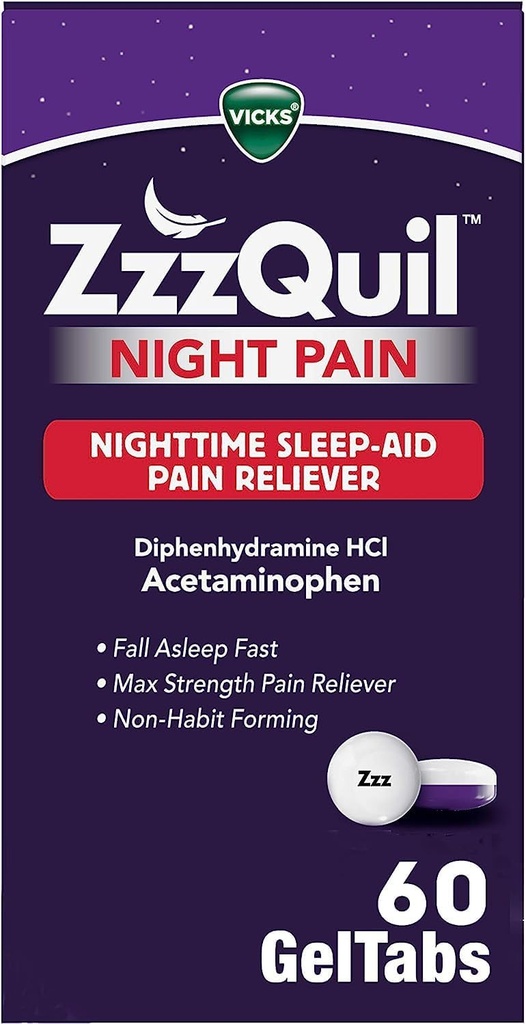 ZzzQuil Night Pain GelTabs, Nighttime Pain Relief, Sleep Aid Tablets, Diphenhydramine HCl y Acetaminophen, No.1 Sleep Aid Brand, Max Strength Pain Reliever, 60 GelTabs