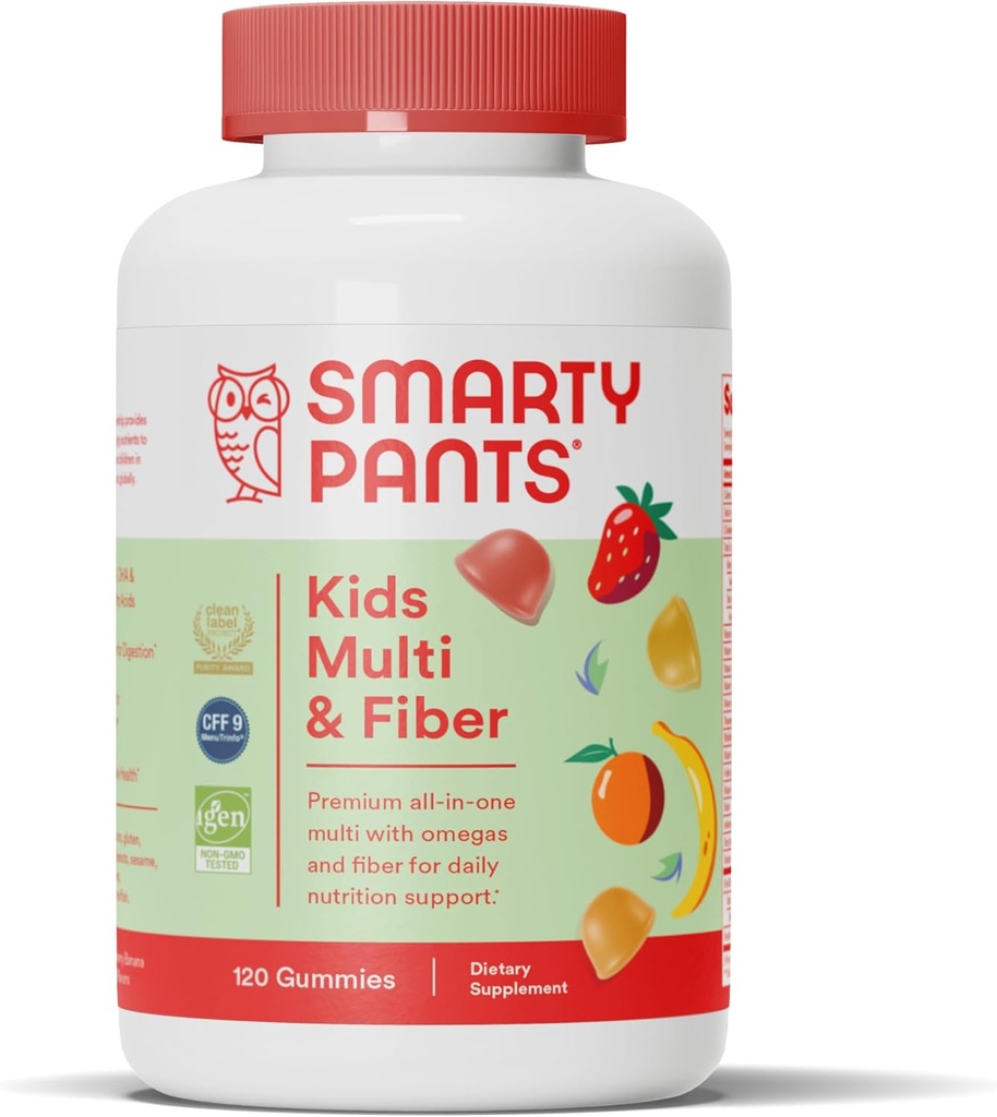 SmartyPants Kids Multivitamin Gummies and Fiber Supplement: Vitamin D3, C, Vitamin B12, B6, A, Zinc, Biotin, Inositol, Fiber Gummies, Three Fruit Flavors, 120 Conde (30 Day Supply)