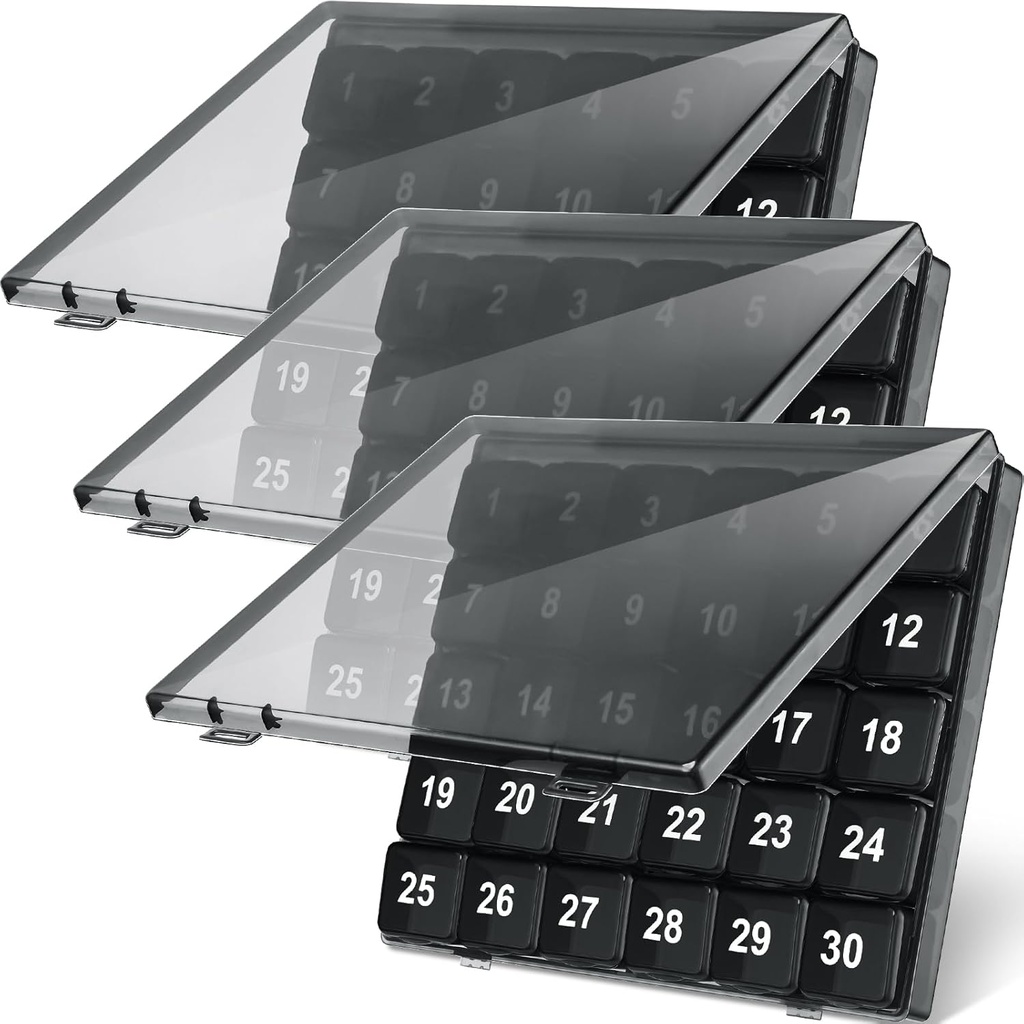 Bokon 3 Pcs Organizador Mensual de Pill - 30 Day Medicine Box, 4 Weeks Storage Container, Once a Day Medication Dispenser for Travel, Black