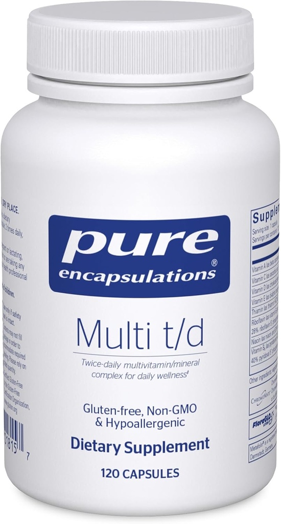 Encapsulaciones Puras Multi T/D - Suplemento Mineral Multivitamínico - para el Bienestar Diario, Cardiovascular &amp; Salud Inmunitaria* - Rico en vitaminas " Minerales - Gluten Gratis " Vegetariano - 120 cápsulas
