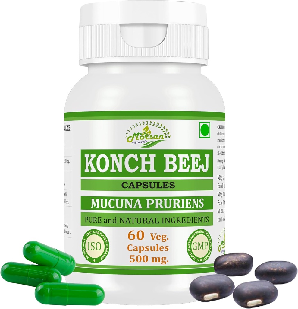 Kaunch MUCUNA PRURIENS Konch Beej, Kaunch Beej Extracto Cápsulas ← Potencia más alta, 100% Herbal Producto ← Pack de 60 X 500 mg. Veg. Cápsulas (Pack of 1 Jar)