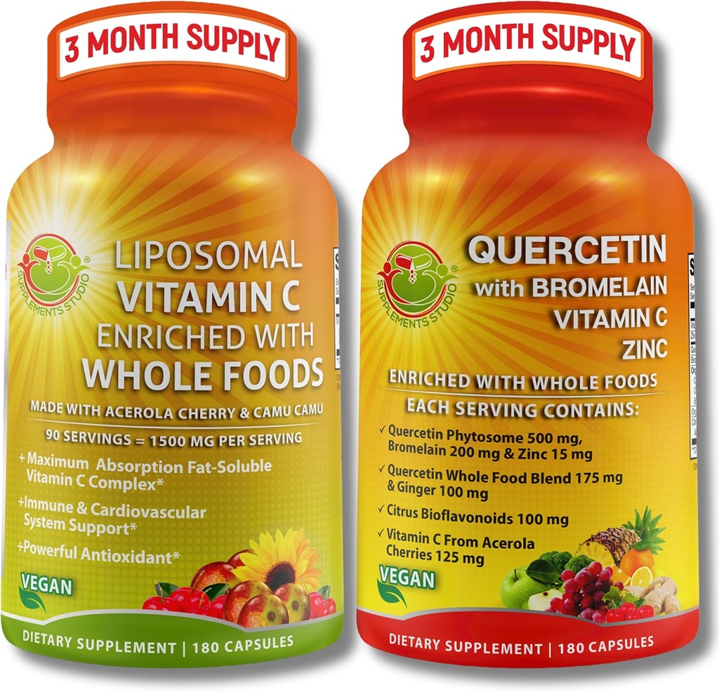 Quercetina con Bromelaina, Vitamina C &amp; Zinc + Liposomal Vitamina C 1500mg – Immune Support Bundle with Organic Acerola Cherry, Camu Camu & Citrus Bioflavanoids – Vegan, Non-GMO, Clean Wellness Support