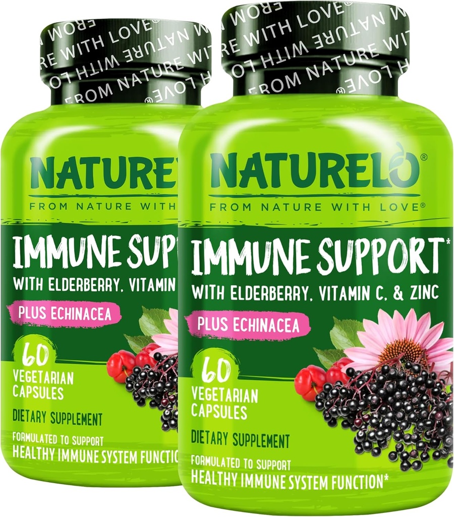 NATURELO Immune Support Vitamina C, Elderberry, Zinc, Echinacea Natural Immunity Boost w / Antioxidante, Herbal &amp; Mineral Defense - 60 Vegan Capsules (Pack of 2)