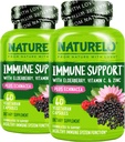 NATURELO Immune Support Vitamina C, Elderberry, Zinc, Echinacea Natural Immunity Boost w / Antioxidante, Herbal &amp; Mineral Defense - 60 Vegan Capsules (Pack of 2)