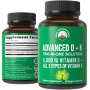 Rendimiento del pico Vitamina D 5000 UI con todos los 3 tipos de vitamina K Vitamina D3 y vitamina K2, K1, MK-7 (MK7), MK4 Suplemento. 60 pequeñas y fáciles de transportar píldoras vegetales (5000 UI)