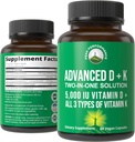 Rendimiento del pico Vitamina D 5000 UI con todos los 3 tipos de vitamina K Vitamina D3 y vitamina K2, K1, MK-7 (MK7), MK4 Suplemento. 60 pequeñas y fáciles de transportar píldoras vegetales (5000 UI)