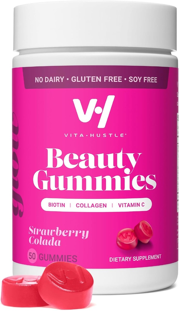 VitaHustle Beauty Gummies, 2500 mcg Biotin, 100 mg Collagen, Vitamina C, B-Complex, cabello fuerte, uñas de piel, bajo azúcar, no GMO, Fresa Colada, 50 Conde