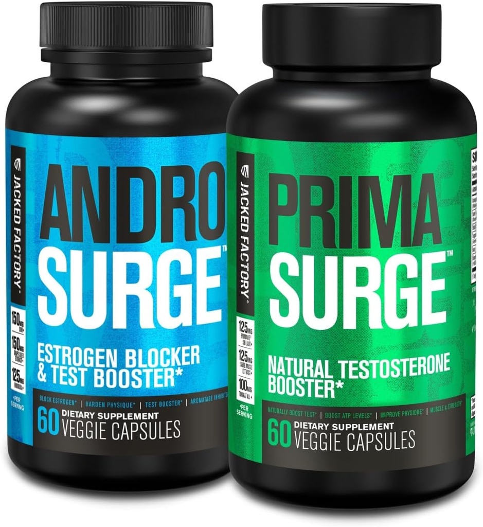 Booster de testosterona de la fábrica de Jacked para hombres Silencio Estrogen Blocker con Tongkat Ali - Androsurge Anti-Estrógeno + Primasurge Natural Test Booster - para el crecimiento muscular, vitalidad, energía, 30 días de suministro