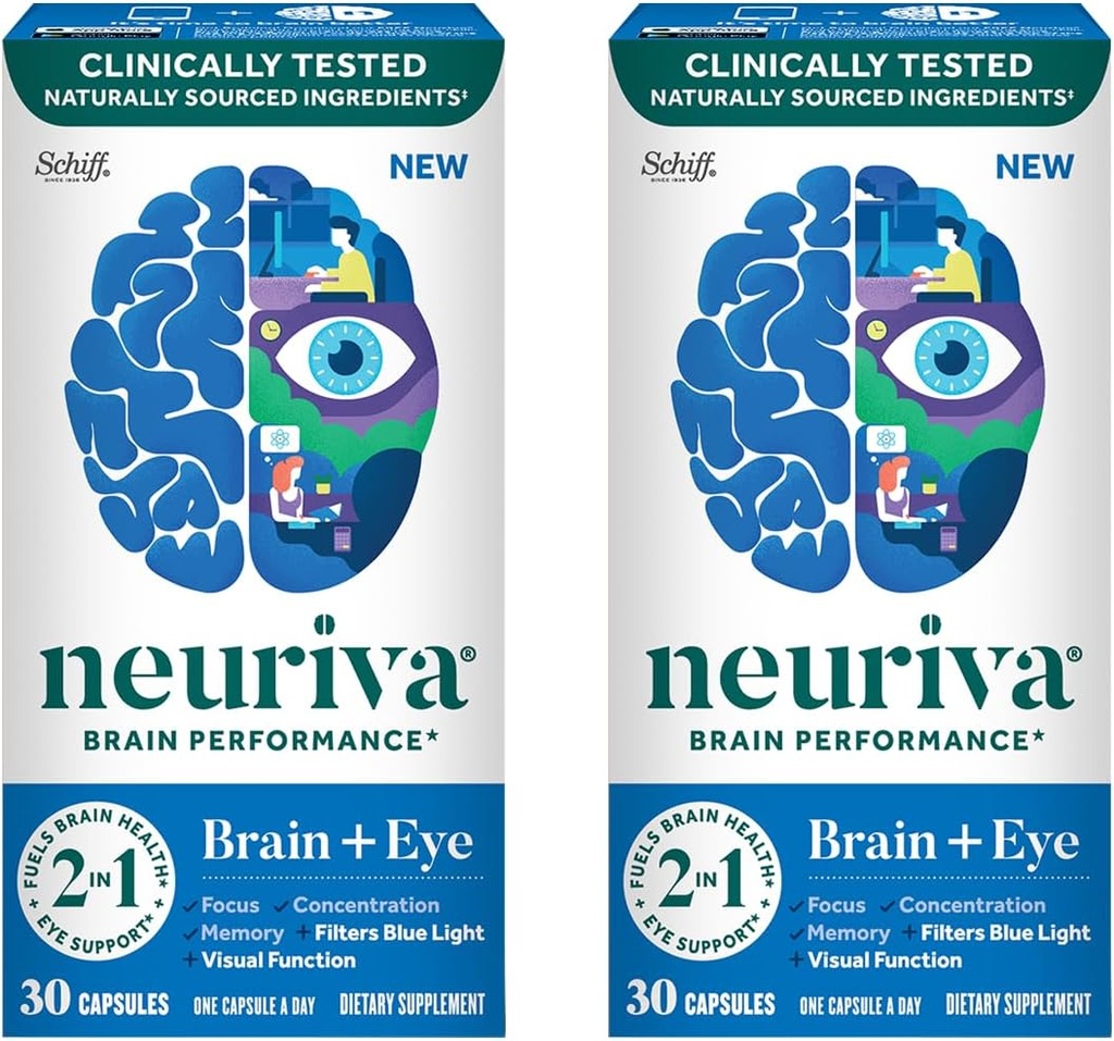 NEURIVA Cerebro + Ojo Suplemento para Memoria, Focus " Concentración con Luteína clínica y Zeaxantina, Vitaminas A C &amp; E + Zinc para Salud Ocular " Filtro Blue Light 30 Contadores capsules (2 Pack)