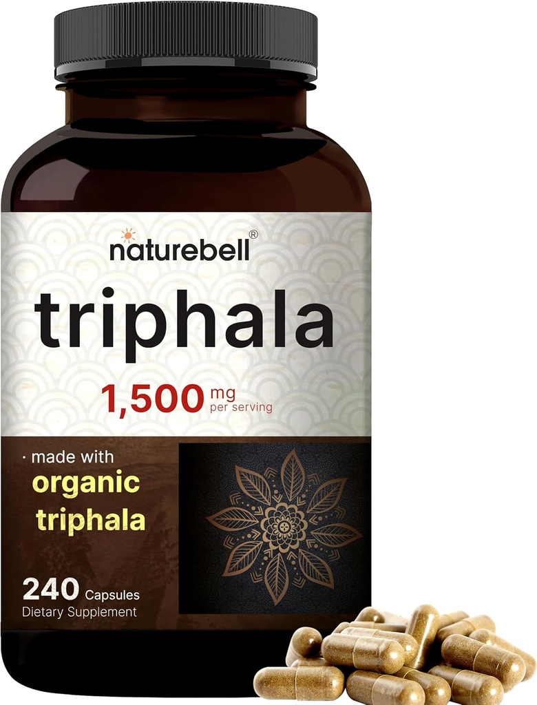 NatureBell Triphala Capsules Supplement, 1,500mg Per Serving | Made with Organic Amla, Bibhitaki, Haritaki Fruit Powder – Supports Digestive Health – Double Strength, Non-GMO