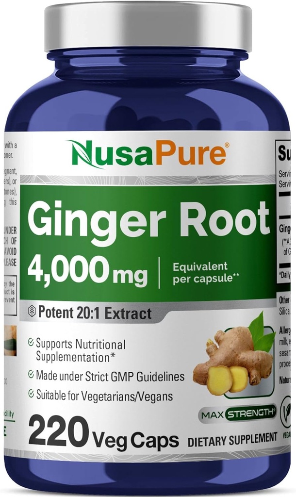 NusaPure Ginger Root Capsules 20:1 Extracto, 200 mg Equivalente a 4.000 mg por Veggie Caps Silencioso 220 Conteo Silencioso No GMO