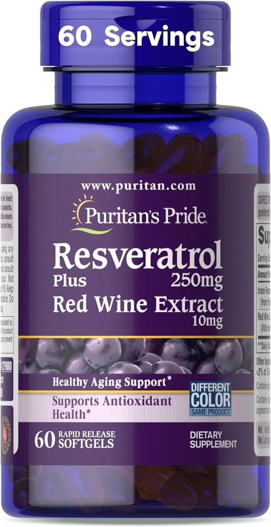 Puritan's Pride Premium Resveratrol Youth Guard™ 250mg, Dietary Supplement for Immune System, Antioxidant, Sugar Metabolism, Blood Flow, and Vascular Function Support, 60 Rapid Release Softgels