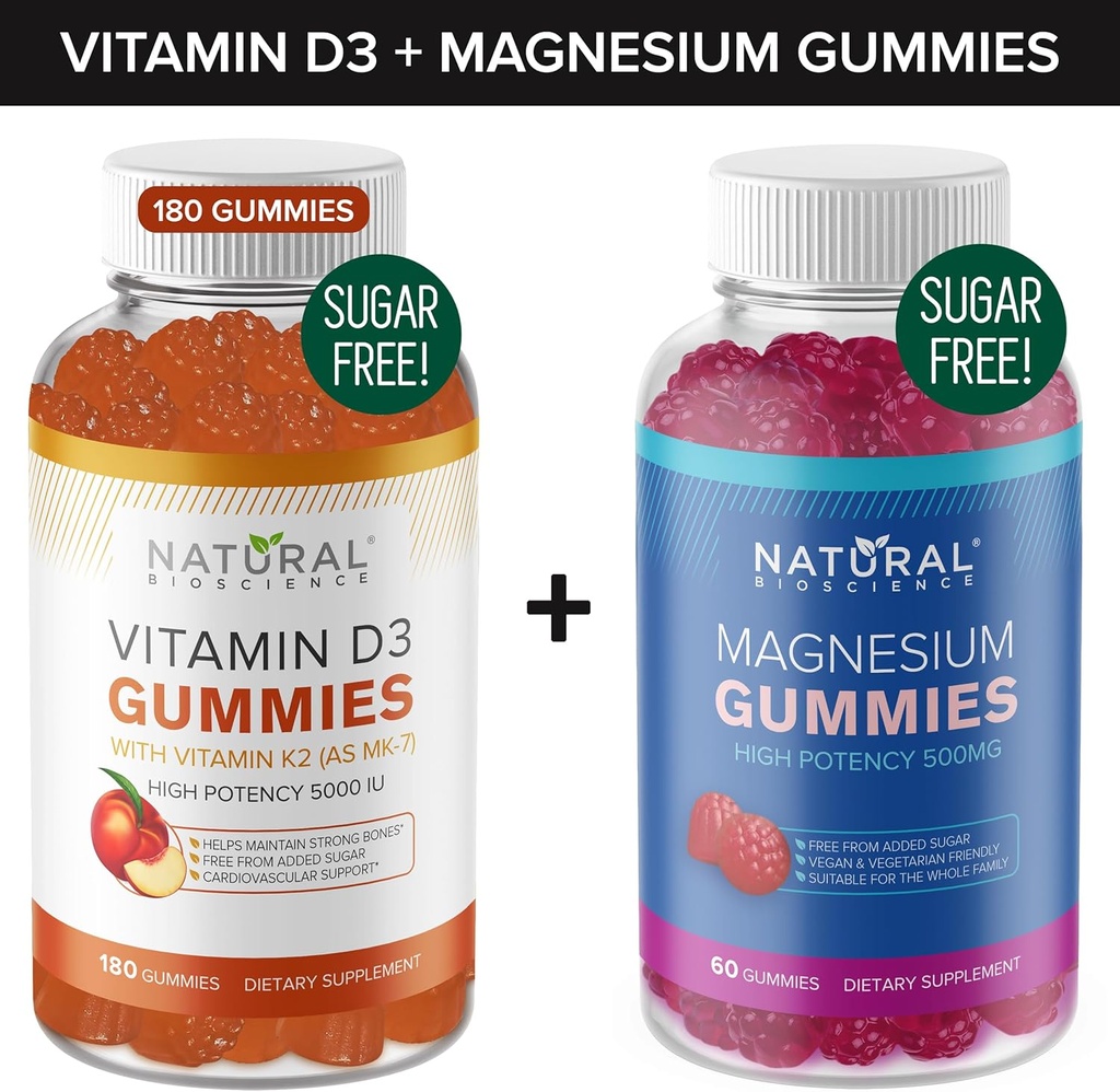 Azúcar Vitamina D3 K2 Gummies (180 Gummies) y Azúcar Mangas de Magnesio Extra Gratuito (60 Gummies), Vitamina D3 Gummies 5000 IU+K2 MK7 80 mcg, Magnesium Citrate Gummies 500 mg