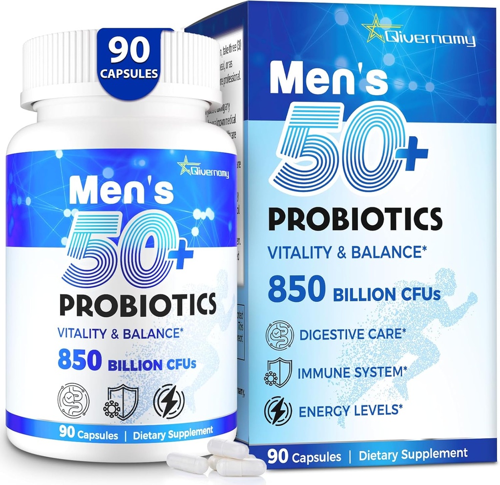 Probióticos para Hombres, Avanzado 50+ Hombres Probiótico, Gorro Integral &amp; Energy Support con 850 Billion CFU, 1800mg Prebióticos Fiber – Mangos de Wellness Tailored probióticos para la salud intestinal más de 50, 90 cápsulas