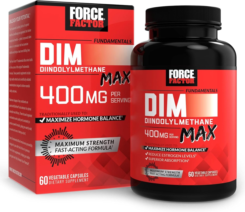 FORCE FACTOR DIM Max, DIM Suplemento 400mg, Estrógeno Balance para Hombres, Extra Fuerza para el Acné Hormonal, Metabolismo, Menopause, PCOS, Diindolylmetano, Absorción Superior, 60 cápsulas