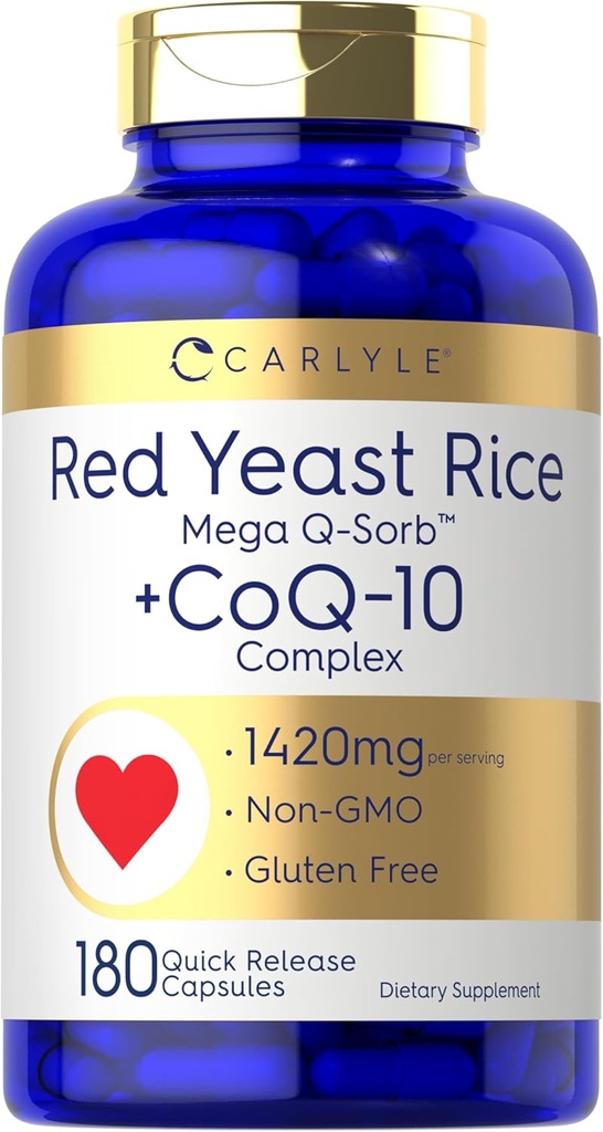 Carlyle Red Yeast Rice with CoQ10 Complex TEN 1420 mg TEN 180 Capsules TEN Mega Q-Sorb TENIDO Non-GMO, Gluten Free Supplement