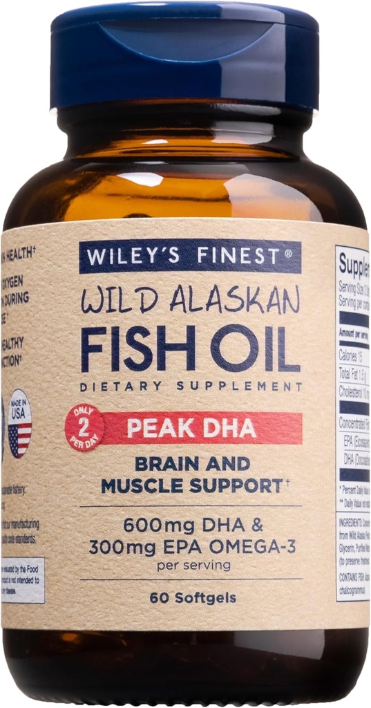 Wiley's Finest Wild Alaskan Fish Oil Peak DHA - 900mg EPA y DHA Omega-3 - 60 Softgels (30 Serviciones)