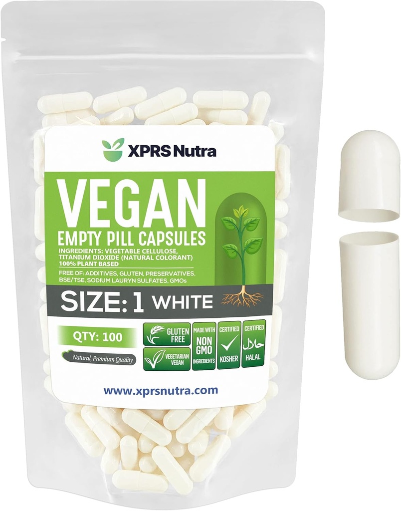 XPRS Nutra Tamaño 1 Empty Capsules - 100 Conde Empty Vegan Capsules - Vegetarian Pills - DIY Vegetable Capsule Filling- Veggie Pill Caps for Do-It-Yourself Suplementos (White)