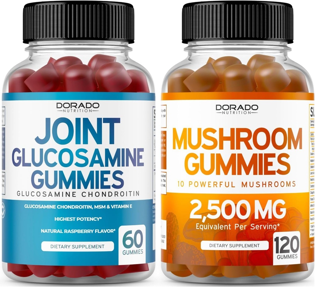 Glucosamine Chondroitin (60 Conde) Suplementos Conjuntos para Hombres y Mujeres - Delicious Raspberry Flavor y Mushroom 10 en 1 Blend (120 Gummies) Focus &amp; Brain Mushroom Suplemento - Vegan &amp; USA Made