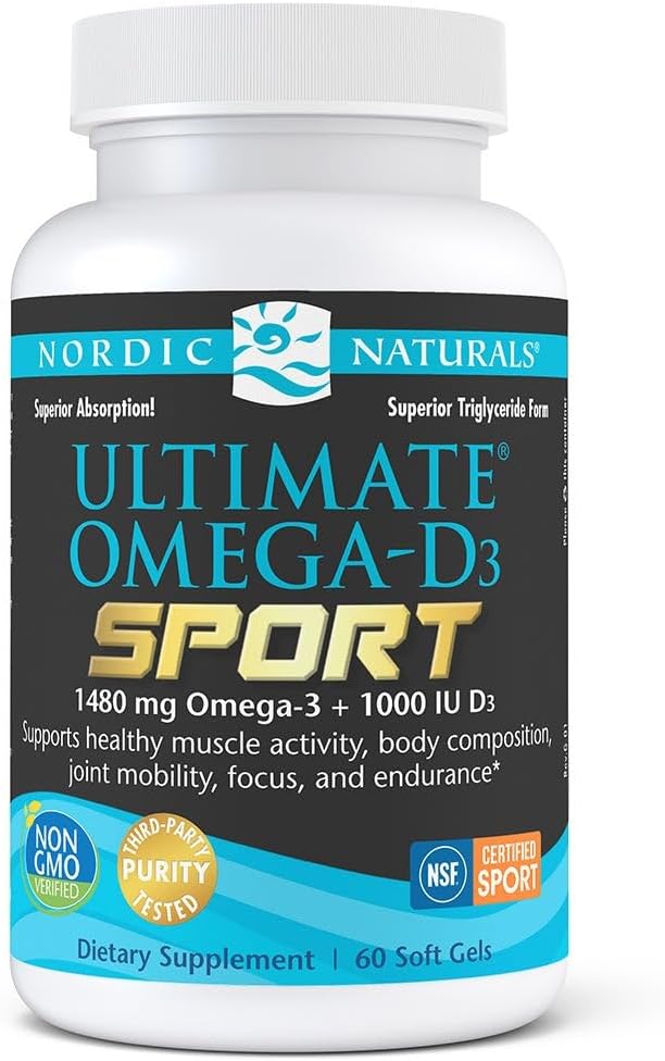 Naturales nórdicos Ultimate Omega-D3 Sport, Lemon - 60 Gels blandos - 1480 mg Omega-3 + 1000 UI Vitamina D3 - NSF Certified - Supports Muscle, Bones, Focus &amp; Endurance - 30 Servimientos