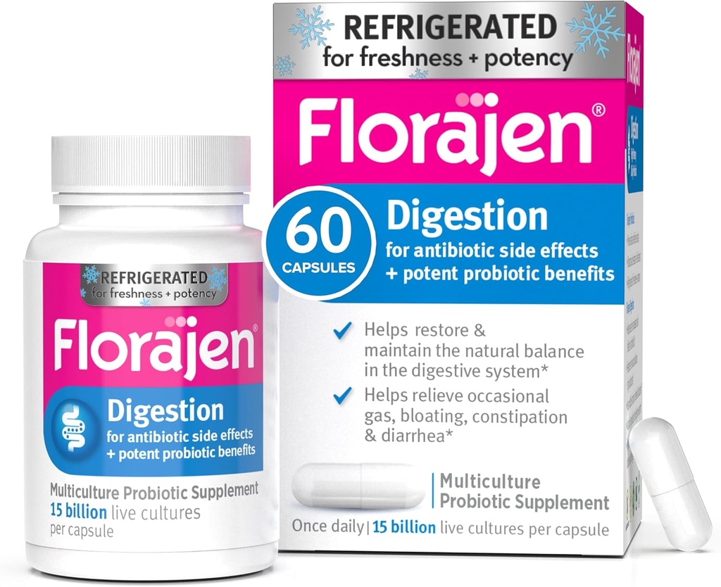 Florajen3 Digestión Alta Potencia Probióticos refrigerados Ø Restores Balance en sistema digestivo Silencio para efectos secundarios antibióticos