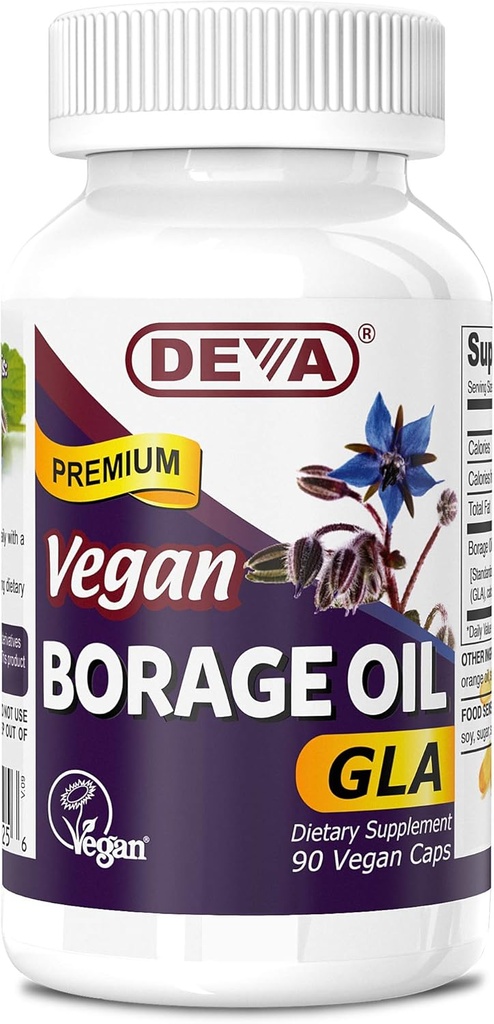 Deva Vegan Vitaminas, Borage Oil 500mg, Rich Source of Omega-6 Fatty Acid GLA (Gamma linolenic Acid), Cold-Presed & Unrefined, 90 Tablets, 1-Pack