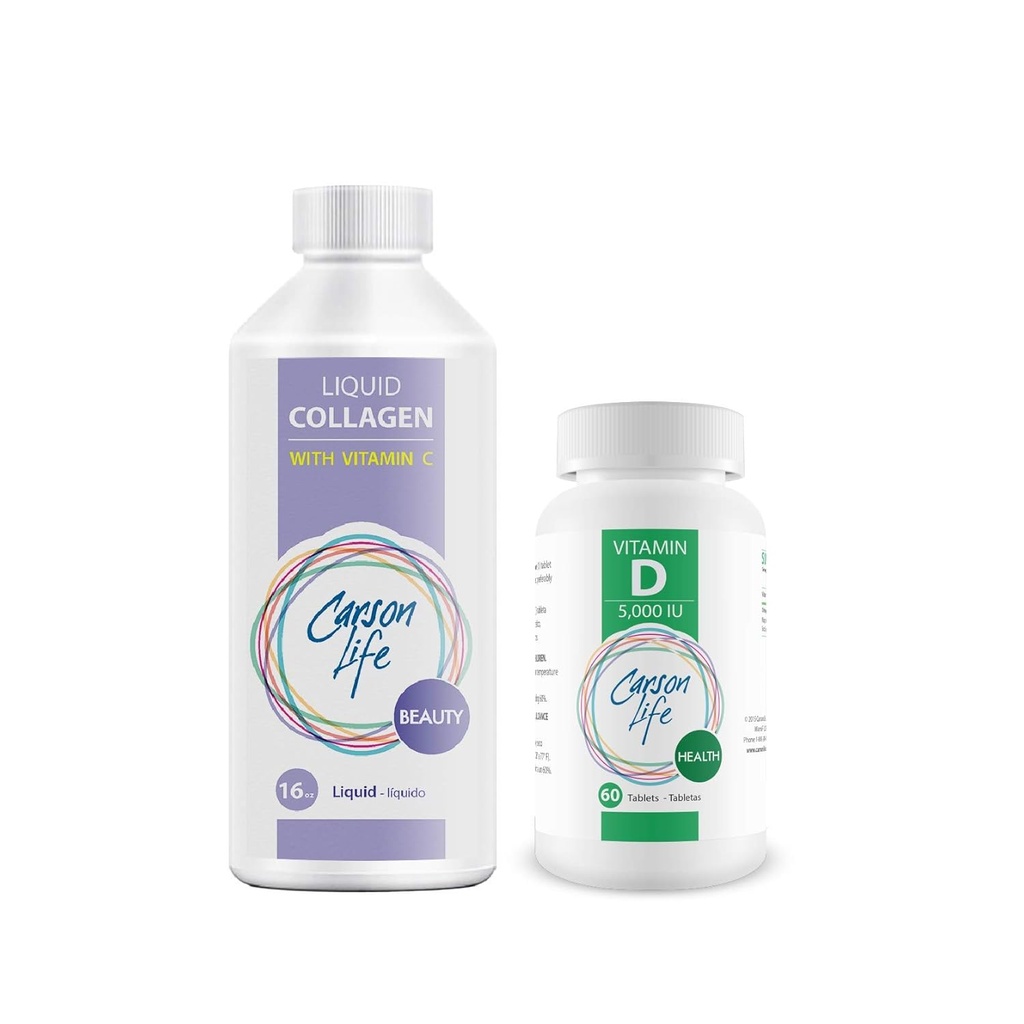 CARSON LIFE - Liquid Collagen With Vitamin C 1 Bottle, 16 Oz Bundle With Vitamin D Supplement 1 Bottle, 10,000 IU, 60 Tablets For Strong Muscles, Bones, Teeth, Anti Aging, Hair Skin & Nails
