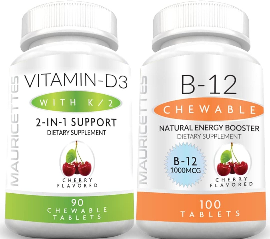 Mauricettes Chewable Vitamina D3 con K2 & Chewable Vitamina B12 1000 mcg Energía y Soporte Inmunitario Bundle