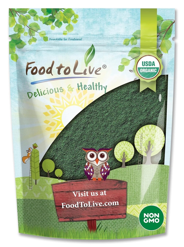 Alimentos para Vivir Polvo Espirulina Orgánica, 8 onzas - No GMO, Kosher, Algas Azul-Green Raw, Superalimentos Veganos, Bulk, No-Irradiated, Proteína Verde Pura Vegana, Rico en Vitaminas & Minerales, Grande para Bebidas