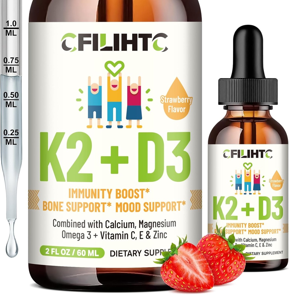 Vitamina D3 K2 gotas para niños - Omega 3, Vitamina E, Calcio, Magnesio &amp; Zinc para una mejor absorción - Líquido MK7 1000 UI D3 para huesos saludables, dientes &amp; soporte cardíaco - No GMO, 2 Fl Oz