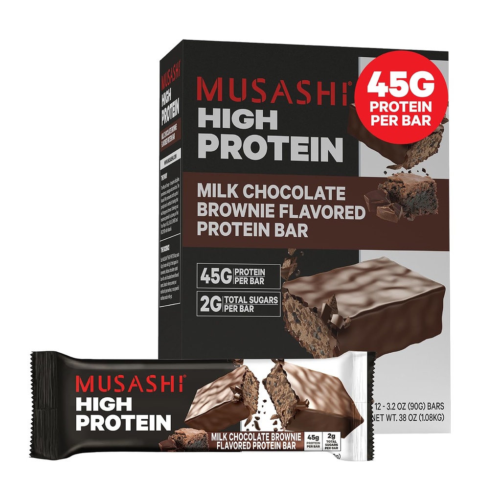 MUSASHI High Protein Bar, 45g Protein, 2g Total Azúcares, Milk Chocolate Brownie, Post Workout y Protein Snack On The Go, 12 Pack of 3.2oz (90g) Bares