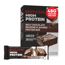 MUSASHI High Protein Bar, 45g Protein, 2g Total Azúcares, Milk Chocolate Brownie, Post Workout y Protein Snack On The Go, 12 Pack of 3.2oz (90g) Bares