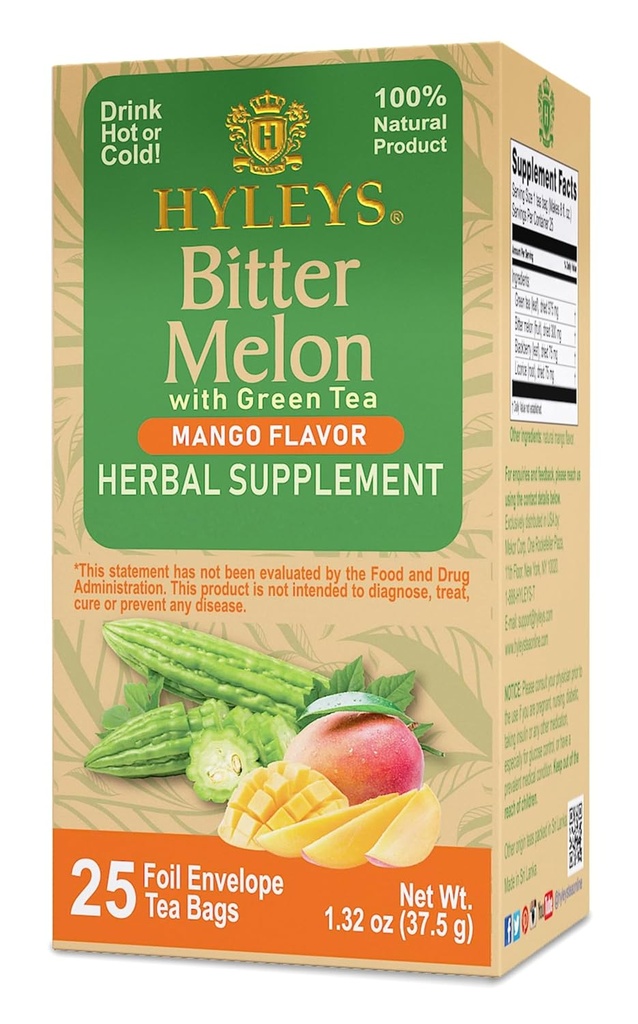 Hyleys Bitter Melon with Green Tea - Mango Flavor - 25 Tea Bags - Supports Healthy Liver Function - Herbal Supplement - (6 Pack - 150 Tea Bags Total)