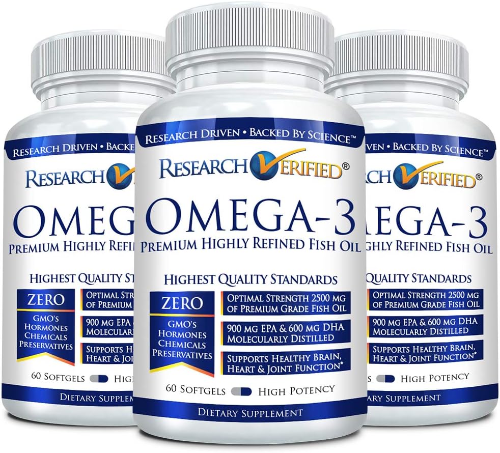 Research Verified Omega 3-1800mg Omega 3 Fish Oil - High 900mg EPA + 600mg DHA - No Aftertaste - 60 Softgel Capsules - 3 Botellas