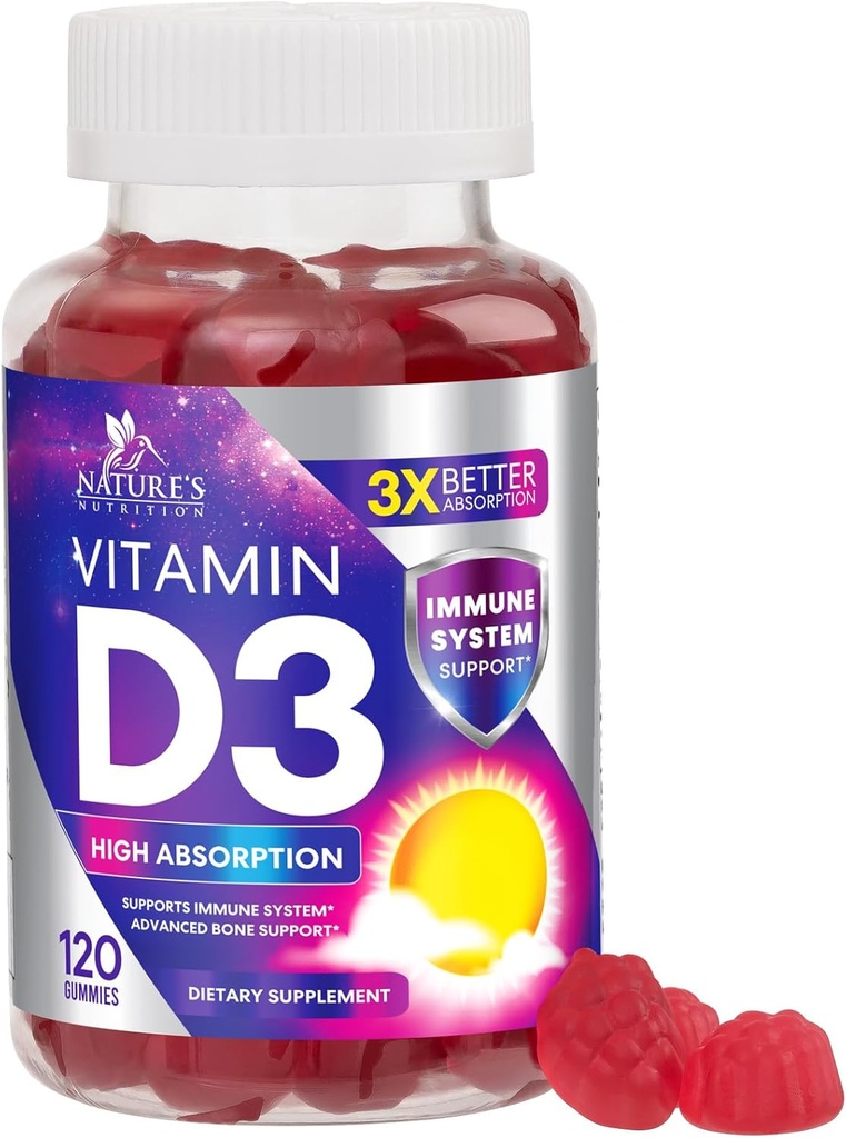 Vitamina D3 Gummy 5000 UI (125 mcg) - Vitaminas dietéticas D Suplemento para Hombres Mujer - Hueso, Dientes, Muscle &amp; Immune Health Support, High Potency VIT D3 Nature's Non-GMO & Gluten Free - 120 Gummies